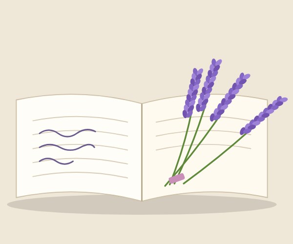 An open journal with lavender sprigs